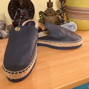 Michael Kors EMILIA Leather Slides MK Logo Espadrilles Mules Blue NEW Women 6.5